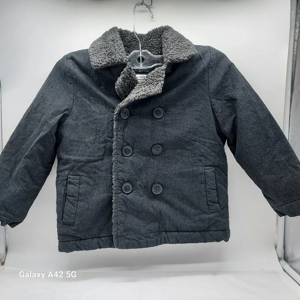 OshKosh Bgosh Boys 4T Pea Coat Grey Sherpa Collar Double Breasted Jacket 11774